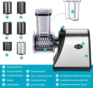 Feliator electric de legume COOCHEER, feliator de legume de 250 W Razatoare de branza de calibru mare din otel inoxidabil cu 5 lame pentru diverse legume - Img 3