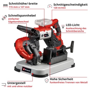 Ferastrau cu banda cu acumulator Einhell TE-MB 18127 U Li-Solo Power X-Change 18 V inaltime de taiere 115 mm latime de taiere 127 mm baza lumina LED i - Img 3