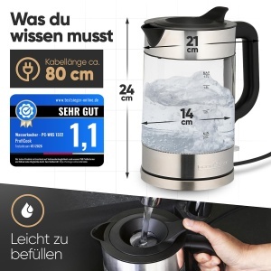 Fierbator de apa ProfiCook PC WKS 1322, 1.7L, 2200W, sticla si otel inoxidabil - Img 6