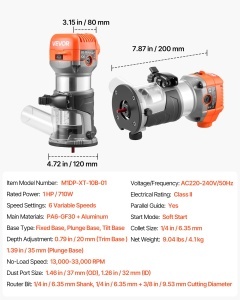 Freza manuala VEVOR 710W, 6 viteze variabile, cu baza fixa si inclinabila - Img 7