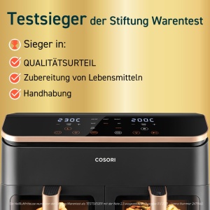 Friteuza cu aer cald COSORI 2 camere, castigatorul testului Stiftung Warentest, friteuza cu aer cu doua zone 6-in-1 8.5 L, camera dubla cu fereastra de vizualizare pentru masa completa, auriu - Img 2