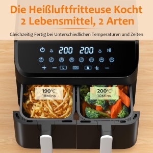 Friteuza cu aer cald YASHE Dual Zone, 9L, Touchscreen, 8 programe presetate - Img 2