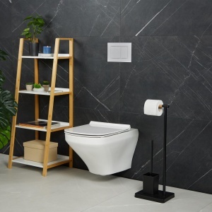 Garnitura WC Relaxdays, 2 in 1, Negru, Design Modern, Inox si Bambus - Img 3