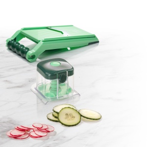 Genius Nicer Dicer Chef Speed Slicer Feliator reglabil incl. buncar la indemana (2 bucati) - pentru taierea feliilor subtiri (1-5mm) - Feliator de castraveti Feliator de legume Feliator de legume, verde - Img 7