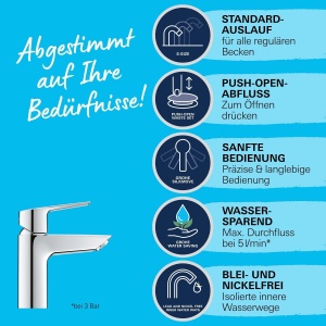 GROHE QUICKFIX Start - Baterie de lavoar cu o singura parghie (cu economie de apa, inclusiv instrument de asamblare 3 in 1, cu limitator de temperatura, atasare rapida), cromata, 23550002 - Img 3