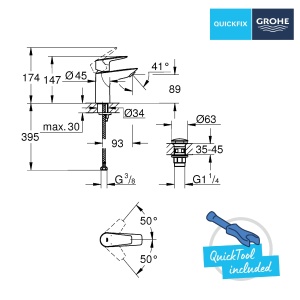 GROHE StartEdge - Robinet de lavoar cu o singura parghie (cu economie de apa, instalare rapida, cu limitator de temperatura, conexiune flexibila), crom, 24199001 - Img 5