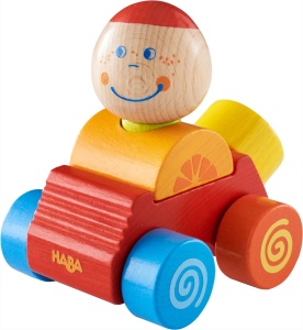 HABA 304737 - Masina Exploratorului Ben, masina colorata din lemn cu figurina plug-in, 4 piese, jucarii de la 12 luni