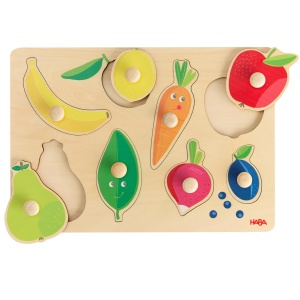 HABA Fruit Paint Grasping Puzzle - Primul puzzle din lemn cu butoane mari - Invatarea culorilor si recunoasterea formelor - Pentru copii de la 12 luni - Img 1