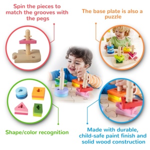 Hape Creative Peg Puzzle Joc de stivuire din lemn Puzzle de rezolvare a problemelor pentru copii mici, Joc de stivuire cu diferite forme, Bete fixe si culori stralucitoare - Img 6