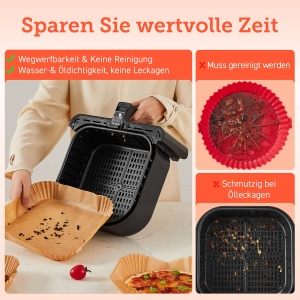 Hartie de copt Cosori pentru friteuza cu aer XL 3-4,5 l, 100 bucati 16,5 cm, accesorii airfryer nealbite, tavi de unica folosinta cu acoperire antiaderenta, hartie pergament, compatibila cu friteuzele cu aer obisnuite - Img 3