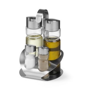 HENDI Set de burete, patru piese, piper, sare, ulei, otet de satin, shaker de piper, agitator de sare, suport pentru condimente, 130x110x(H) 185mm, otel inoxidabil 18/0 - Img 2
