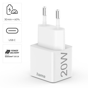 Incarcator rapid Hama, 20W, 1x USB C, 1x Lightning, Alb - Img 2