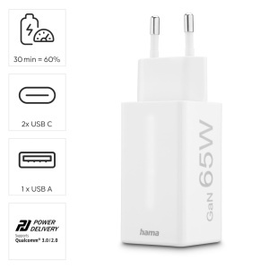 Incarcator rapid Hama USB, 65W, 3 porturi, Alb - Img 2