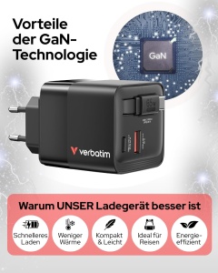 Incarcator Verbatim GaN 65W cu 2 porturi, cablu USB-C retractabil, negru - Img 3