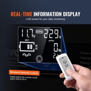 Inversor de tensiune VEVOR SGPE-3000W, 3000W, 12V DC, 230V AC, 2 prize AC, 2 USB - Img 5