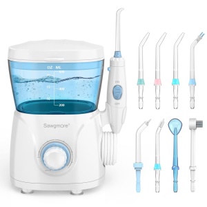 Irigator oral electric Sawgmore cu 10 niveluri de presiune si 8 duze, ata dentara profesionala pentru curatarea Zan, rezervor de apa de 600 ml, perfect pentru familie