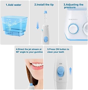 Irigator oral TUREWELL, Curatator interdental electric cu 10 niveluri de presiune si 8 duze, Irigator oral impermeabil IPX7, ata dentara de apa de 600 ML pentru casa (alb) - Img 6