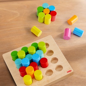 Joc de constructie HABA Zylinder 30 blocuri colorate din lemn, 10 carti model - Img 6