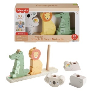 Jucarie din lemn Fisher-Price pentru sortare si stivuire animale, 9 blocuri