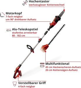 Kit multifunctional fara fir Einhell GE-HC 18 Li T (18V, 3Ah, tuns gard viu 2 in 1 si ferastrau cu lant, sabie Oregon, incl. baterie si incarcator) - Img 4