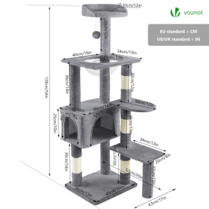 Kratzbaum pentru pisici VOUNOT XL, 138cm, gri, cu sisal si platforme - Img 4