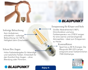 Lampa LED E27 Blaupunkt A60 Retro, 8W, 1055 Lumen, Calda - Img 2