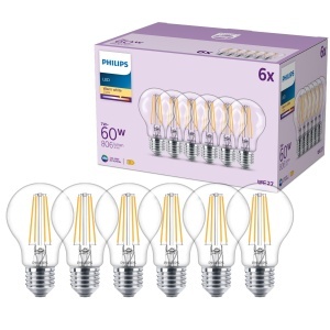 Lampa LED Philips Classic A60, 60W, E27, 2700K, 6 bucati