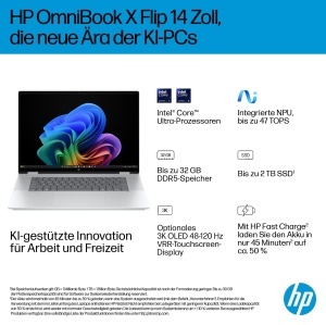 Laptop 2-in-1 HP OmniBook X Flip, 16 3K Touchscreen, Intel Core Ultra 7, 32GB RAM, 1TB, Argintiu - Img 2