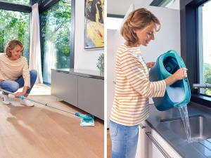 Leifheit Set CLEAN Twist M Flat Mop Ergo 2.0, mop de podea cu capac supersoft pentru curatarea umeda pe parchet, laminat si lemn natural, mop cu sistem de clic, mop cu tehnologie centrifuga - Img 5