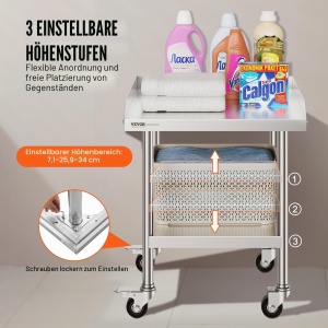 Masa de lucru din inox VEVOR SKT610, 61x61 cm, cu 4 roti, design ergonomic - Img 5