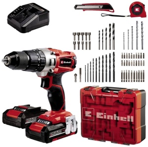 Masina de gaurit combinata cu acumulator Einhell TE-CD 18/2 Li-i +64 (2x2.0Ah) Power X-Change (Li-Ion, 18 V, 44 Nm, cutie de viteze cu 2 trepte, incl. 2 baterii de 2.0 Ah, incarcator, carcasa, 64 buc. Set de accesorii)