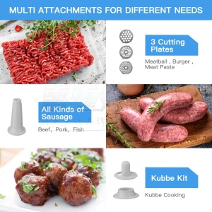 Masina de tocat carne Nictemaw electrica, 5 in 1 Multi Robot de bucatarie Masina de carnati cu 3 discuri perforate, 4 lame conice, umplutura de carnati si atasament de patiserie - Img 4