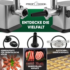 Masina de tocat carne ProfiCook PC-FW 1272 1200W functie revers accesorii pentru carnati si biscuiti - Img 3