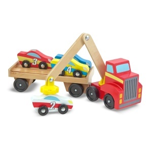 Melissa Doug Autotransporter din lemn cu macarale magnetice si 4 masini 30 cm - Img 4