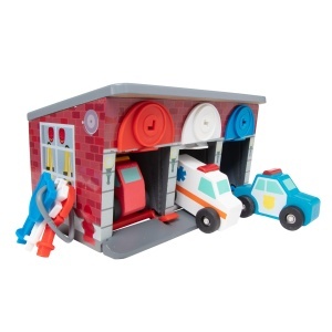 Melissa Doug Garage de Joaca 7 Piese cu Chei si Vehicule de Salvare din Lemn