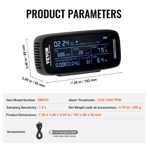 Monitor de calitate a aerului VEVOR 9-IN-1 CO2 Temperatura Umiditate Formaldehida TVOC AQI Tester profesional PM2.5 PM10 PM1.0 Contor de particule interior / exterior Contor de particule Contor de aer Contor de particule Contor de aer cu praguri de alarma - Img 7