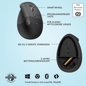 Mouse ergonomic vertical Logitech Lift, wireless, compatibil WindowsmacOS, gri - Img 7