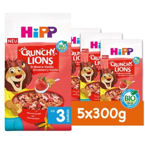 Muesli Crocant HiPP Kinder Crunchy Lions cu Capsuni si Vanilie, 5 x 300g