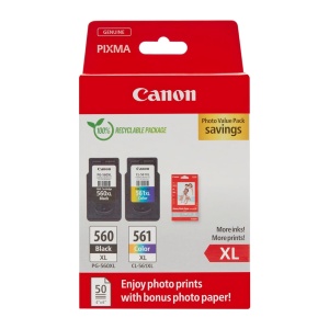 Pachet multiplu de cerneala si hartie Canon - Cartuse de cerneala originale PG-560XL/CL-561XL Pachet de 2 (1 x XL negru, 1 x XL color) si hartie foto 4x6 (50 de coli) - compatibil cu imprimantele Canon PIXMA