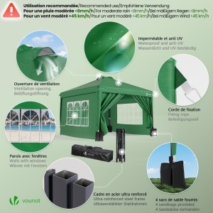 Pavilion pliabil VOUNOT 3x3m impermeabil, verde, cu 4 laterale si 3 saci cu nisip - Img 5