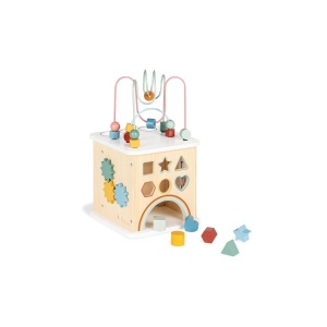 PINOLINO Motor Ability Cube Sanna, din lemn, 10 buc. cu 3 bile, 6 blocuri plug-in, bucla de abilitati motorii, lacuit colorat, natural