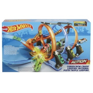 Pista de curse Hot Wheels Korkenzieher FTB65 cu 3 loopings si 3 zone de crash - Img 6