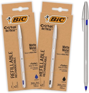 Pix BIC Cristal Metal ReNew, 2 bucati, negru si albastru, cu 4 refiluri