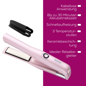 Placa de indreptat parul fara fir Beurer HS 20 cu incarcare USB, ideala pentru deplasare, placa de indreptat calatoria, trei setari de temperatura si incalzire rapida, roz - Img 7