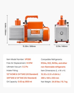 Pompa Vakuum VEVOR VP280 9 CFM 2 Trepte Compatibilitate R134a R22 R410a - Img 7