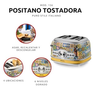 Prajitor de paine Ariete 156 Positano, design mediteranean, 4 sloturi cu comenzi separate, 6 niveluri de rumenire cu evacuare automata, tava pentru firimituri, paine prajita, functie de reincalzire si dezghetare, 1630W - Img 8