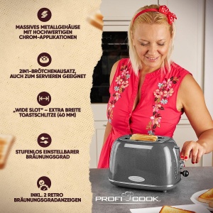 Prajitor de paine ProfiCook(r) intr-un design vintage elegant | Prajitor de paine 2 felii cu fanta lata (fante foarte largi pentru paine prajita) si carcasa metalica solida | Prajitor de paine retro cu atasament pentru chifle | PC TA 1193 antracit - Img 3