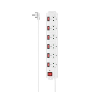 Priza multipla Hama 6-faceri cu comutator, 1,4m, alb, protectie supratensiune