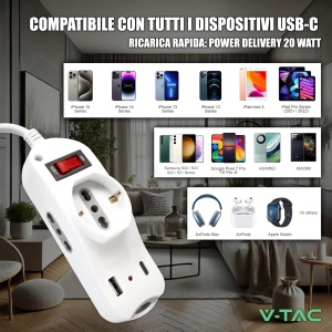 Priza multipla V-TAC cu USB-C Power Delivery 20W, 3 iesiri, 1,5m cablu - Img 6