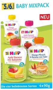 Punga cu piureuri pentru bebelusi HiPP Mixpack 4x90g, fara zahar adaugat